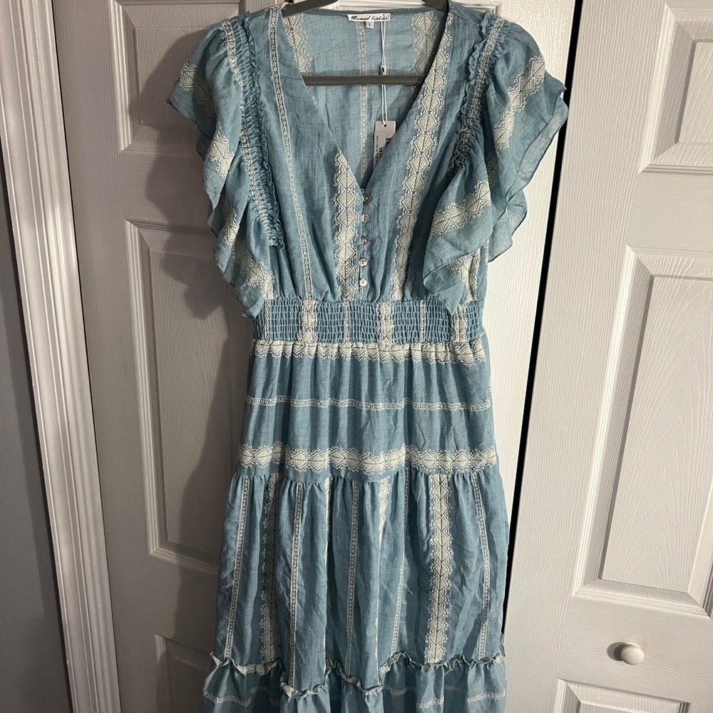 Chic Light Blue Maxi Dress with Ruffle Details